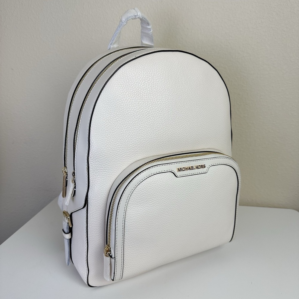 MICHAEL KORS Jaycee Large Backpack Pebbled Cream Leather Zip Multi Pocket Travel - Picture 1 of 10